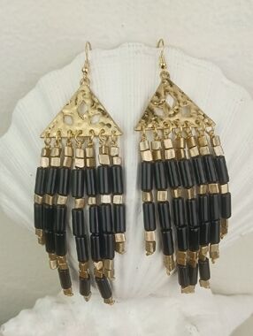 Plunder Cleopatra Style Hammered Gold Tone Black & Gold Beaded Fringe Earrings